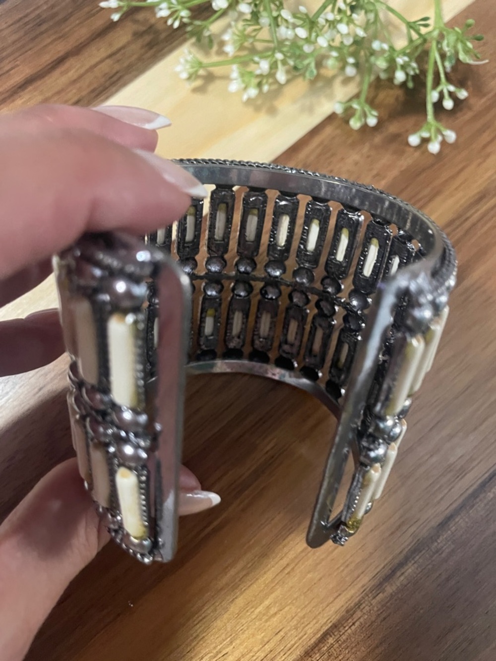Ivory Bone-Inlay Wide Cuff Bracelet - Boho Silver Tone - Picture 4 of 5
